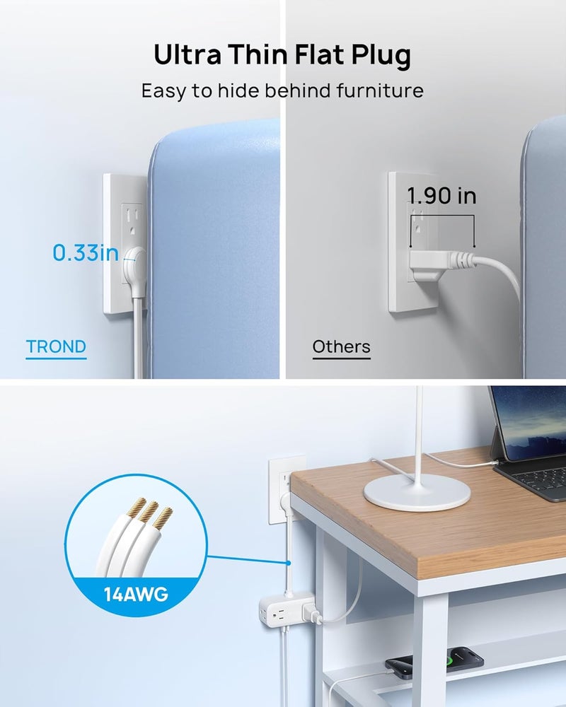 TROND Outlet Extender with 6 Inch Cord, Flat Plug Adapter with 4 Electrical Sockets and 4 USB Ports, Wall Mountable, Multi Plug Wall Outlet for Home Office Travel Dorm, Cruise Ship Essentials, White - Image 4